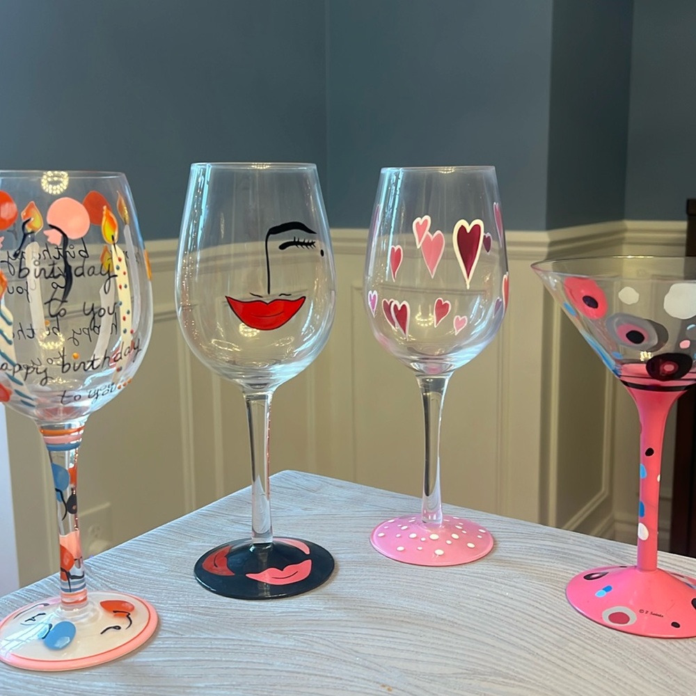 Lolita painted flirt wine glass + 3 other good condition glasses